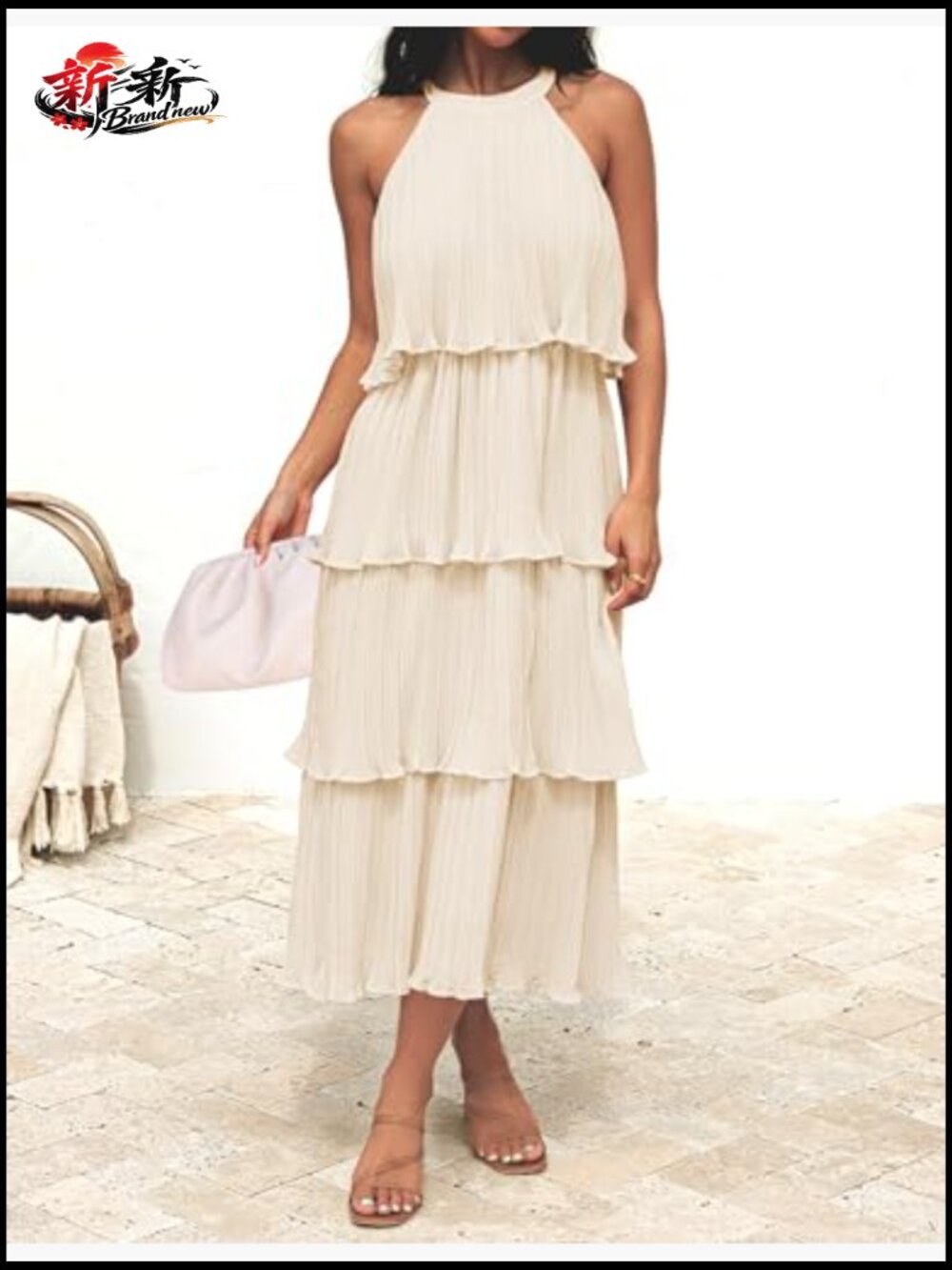 Halter Neck Ruffle Tiered Chiffon Flowy Swing Long Midi Dress Sleeveless Summer - Picture 4 of 7